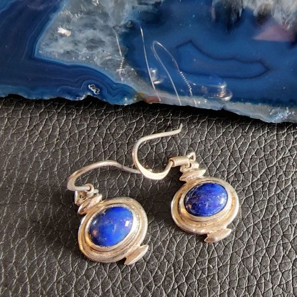 Lapis Stone and Sterling Silver Earrings Semi Precious Stone 925 Silver - Picture 1 of 5